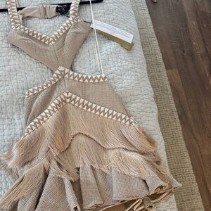 PatBO Beige Fringe Halter Knit Dress with Zigzag Trim